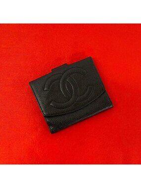 Chanel Vintage CC Logo Caviar Leather Bifold Wallet Mini Black
